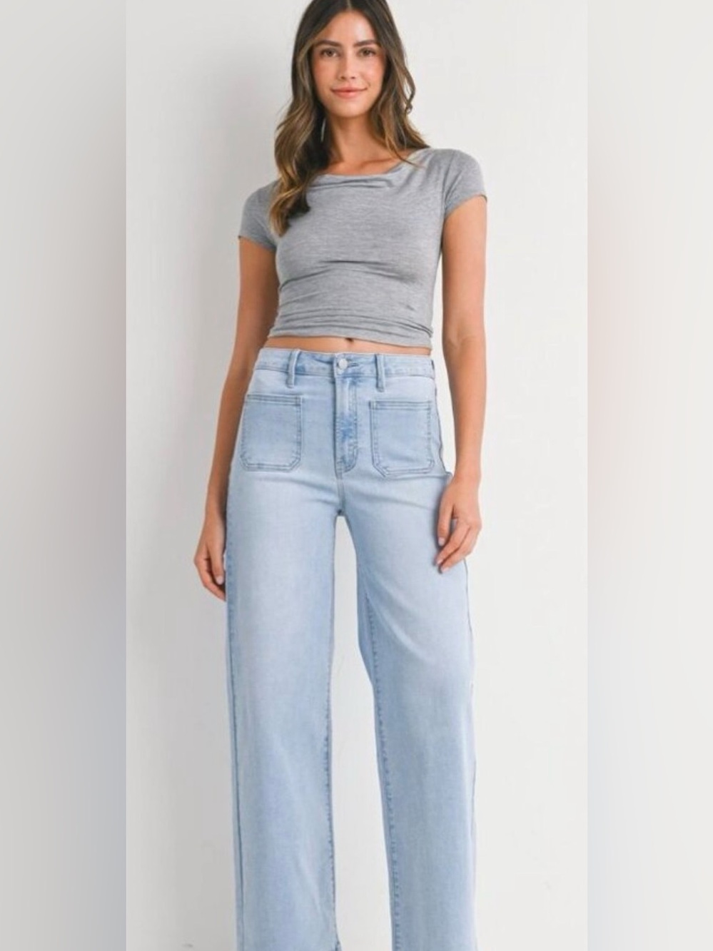 JBD Front Patch Pocket Gia Wide Leg Light Wash Jeans Raw Hem Size 30